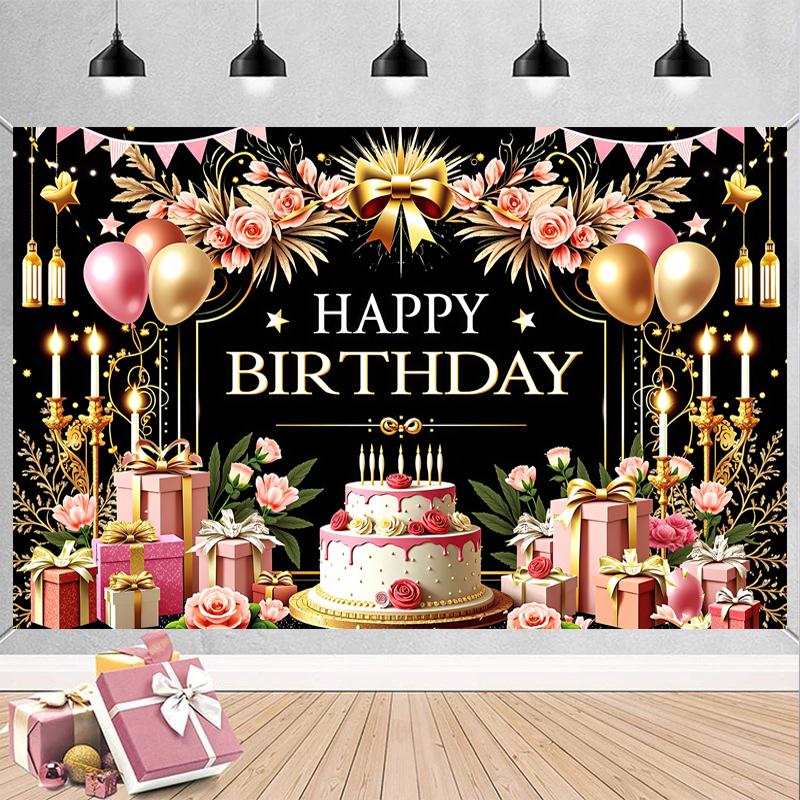 С Днем Рождения Декорации Фон Розовые Цветы Воздушные Шары Подарки Торт Тема Флажки Баннер Украшения на День Рождения Товары