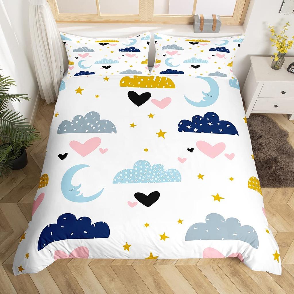 Lovely Rainbow Duvet Cover Sun Crown Cloud Rain Bedding Set Stick Figure Art Comforter Cover Kids Bedroom Polyester Quilt Cover