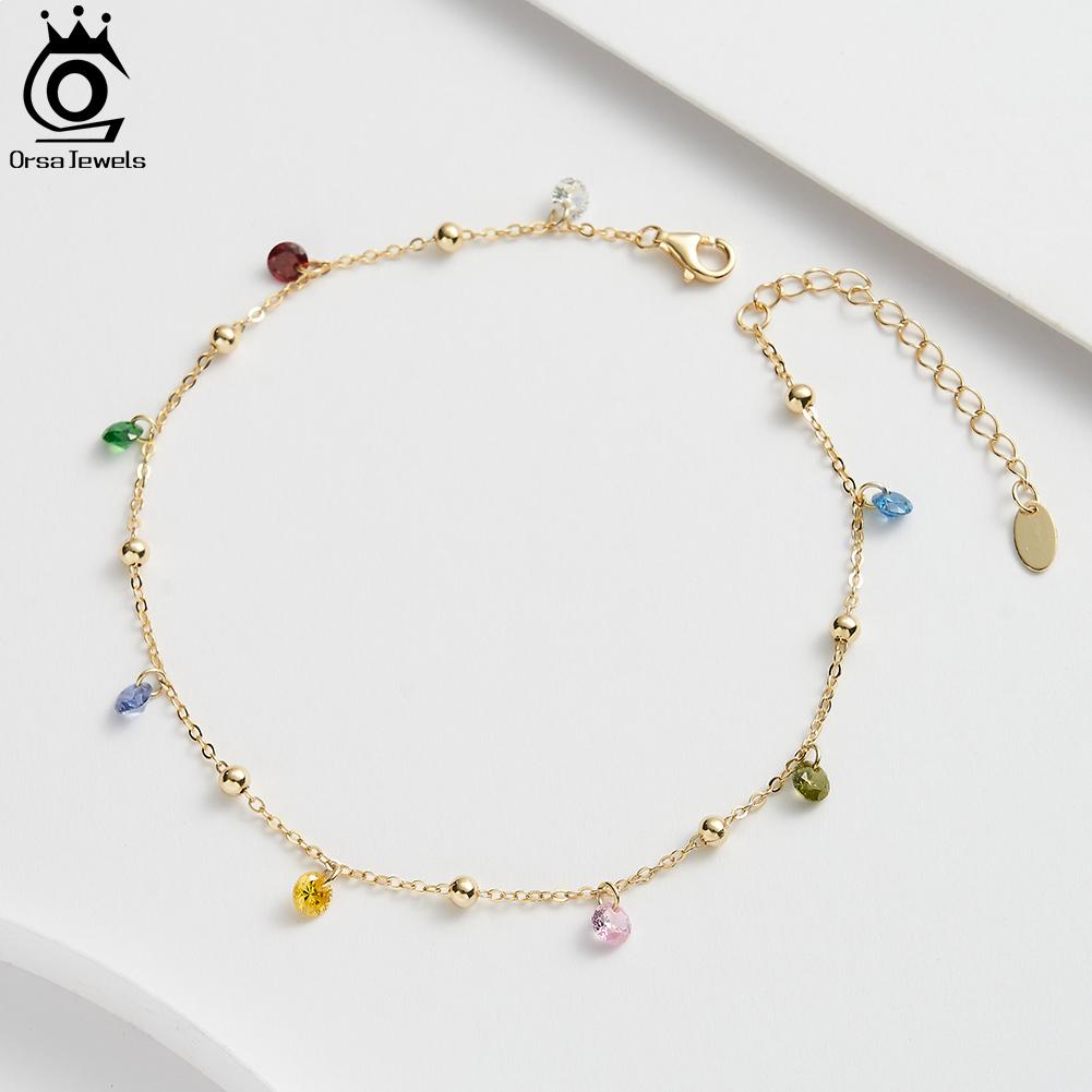 ORSA JEWELS Новый летний пляжный браслет на щиколотку Модный 925 пробы Серебряная кабельная цепочка Разноцветный 4A Цирконий Браслет на щиколотку для женщин ювелирное изделие SA93