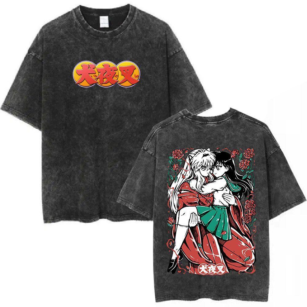 2026 Retro Washed Anime "Inuyasha" Pattern T-shirts for Men and Women Short-sleeved Loose Cotton Tops Ins