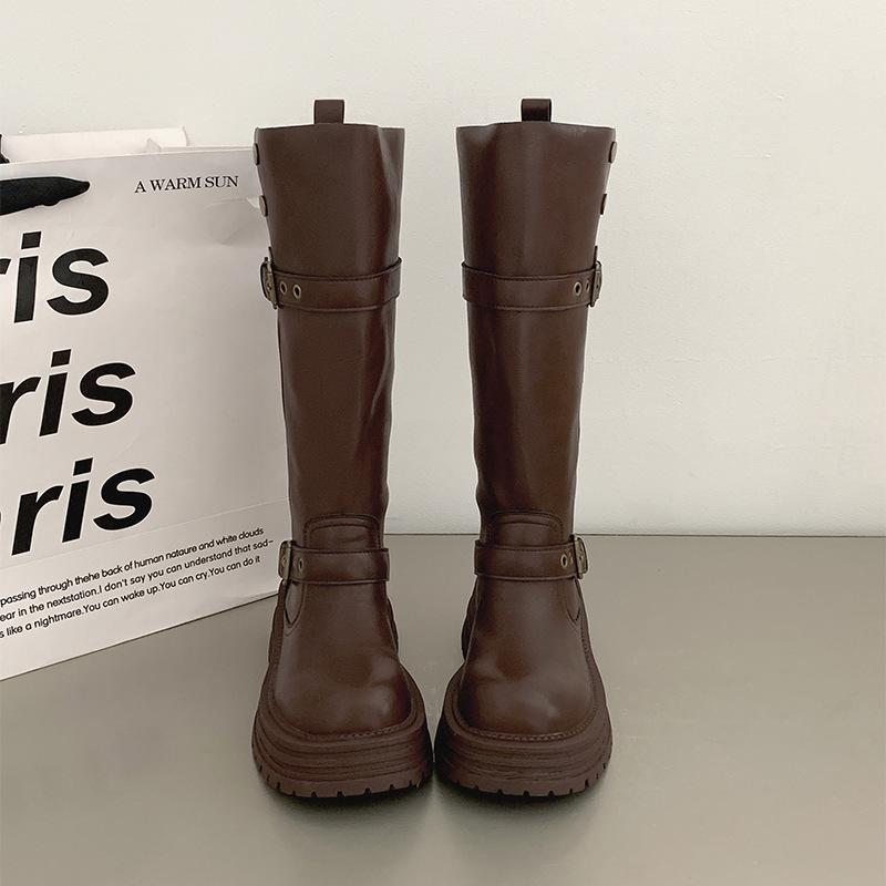 Brown Retro British Style Thick Heel Platform Boots Women's 2025 New Spring and Autumn But Knee Height Knight Boots