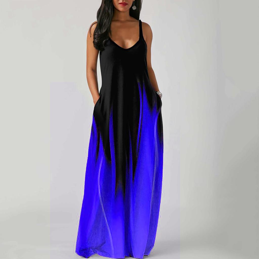 Women Summer Spaghetti Strap A Line Loose Long Gradient Print Dress Plus Size