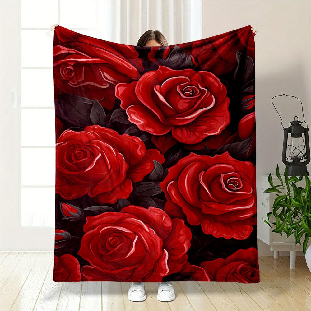 Vivid red roses with dark green leaves on a deep background. for all seasons blanket lunch break throw gift