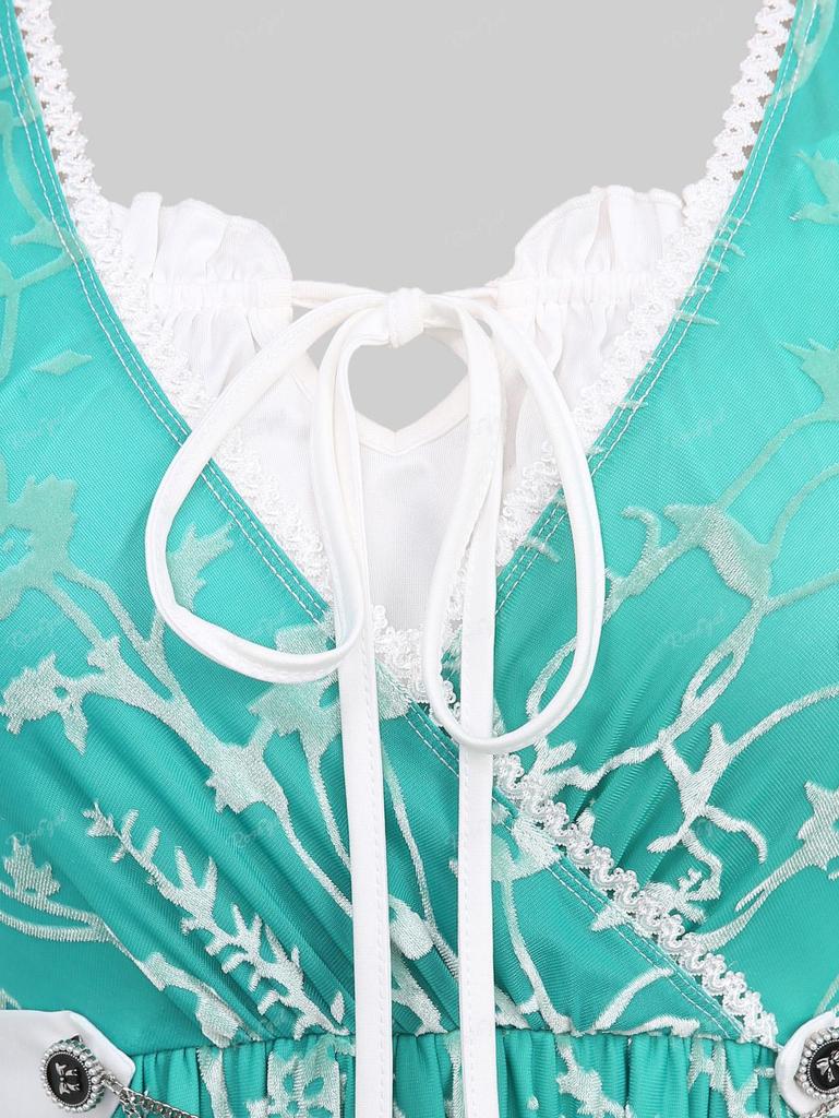 Rosegal Большие размеры, флокированная сетка с цветочным принтом, бант, пуговицы, цепочки, вставка, рюши, кружевная отделка, галстук 2 в 1, топ