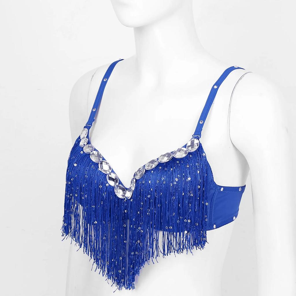 Женская одежда для танца живота для взрослых, Клубная одежда, бюстгальтер пуш-ап, латинский бюстгальтер с блестками, кисточками и стразами, топы, горячая вечеринка, клубный костюм для выступлений