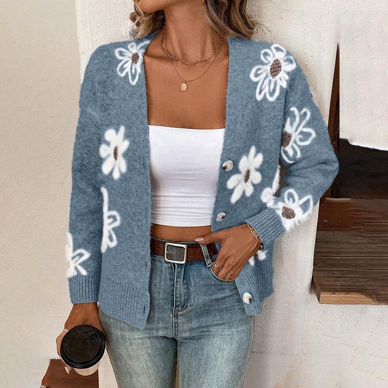 Flower Pattern Button Cardigan Coat Knit Sweater Women Autumn Winter Plush Warm Outerwear Korean Female Fashion Button Jacket