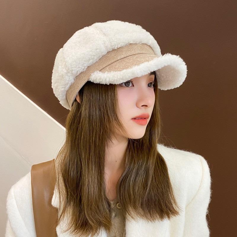 Autumn and Winter Hats Women's Imitation Lamb Wool Fashion Leather Label Octagonal Hat Warm and Cold-proof Face Cap