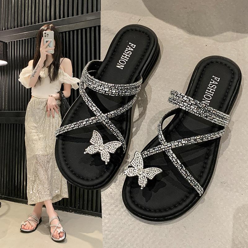 Fashion Shiny Rhinestone Butterfly Slides Women, Black Cross - Strap Sandals, Casual Daily Fashion Footwear