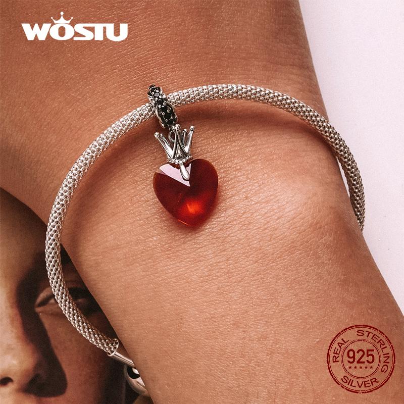 WOSTU Стерлингового Серебра 925 пробы, модная волшебная Корона, красное сердце, подвеска из бисера для женщин, подходит для оригинального браслета «сделай сам», ожерелье, ювелирные изделия