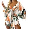 Asymmetrical Hem Elegent Beauty Lady Dress Tropical Print Sexy Women Dress Tie Front V Neck Mini Dress Beachwear