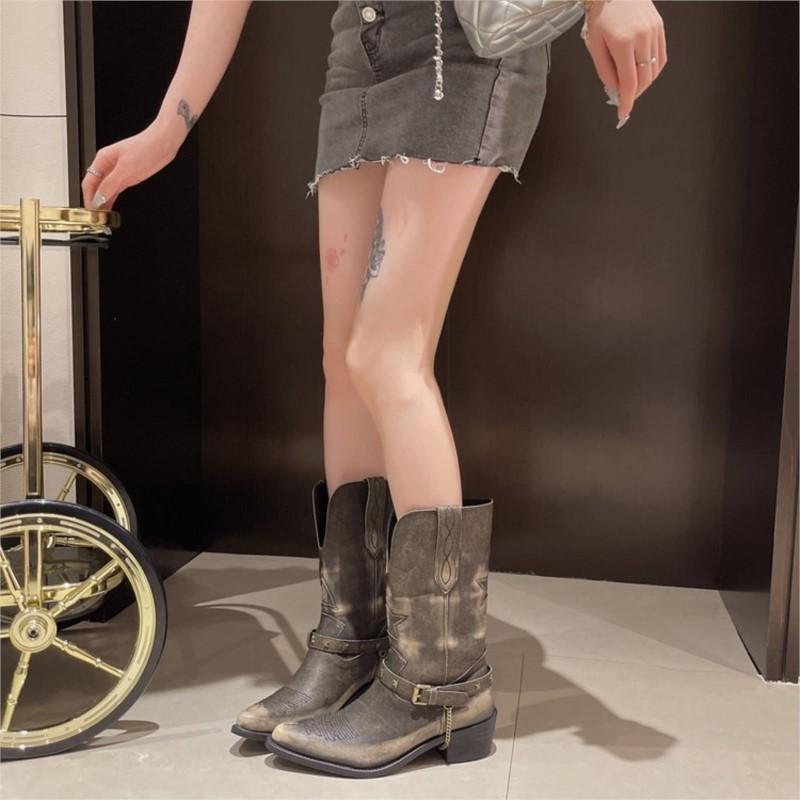 Полированные ковбойские сапоги в стиле вестерн, новые женские рыцарские сапоги с острым носком и толстым каблуком, ремень с пряжкой и V-образным рукавом, сапоги больших размеров P739