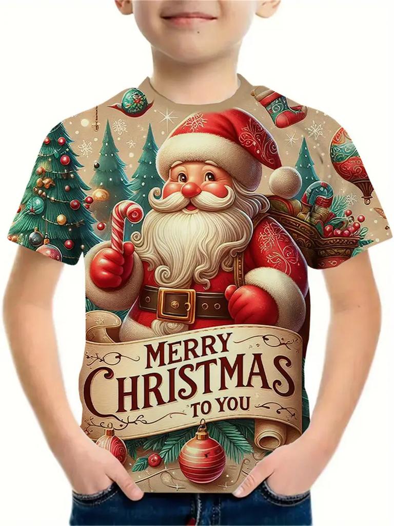 Рождественская одежда 2025 года Футболки для мальчиков и девочек Новогодние футболки Повседневная детская одежда с принтом Санта-Клауса Футболка