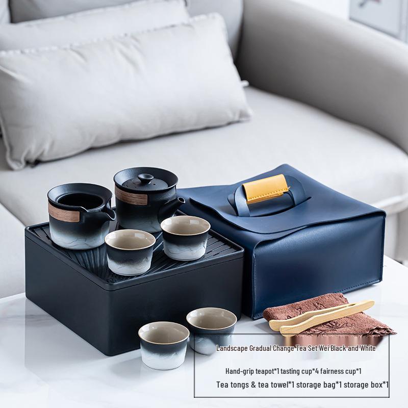 Элегантный портативный керамический чайный набор с деревянным подносом: 1 чайник и 4 чашки для приключений на открытом воздухе