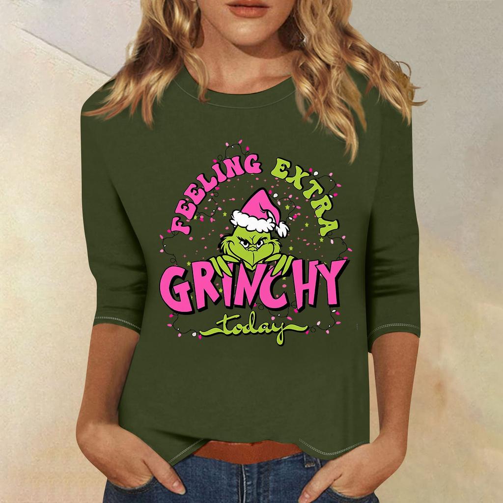 3/4 Sleeve Tops For Women T-Shirt Casual Christmas Print Tops T Shirt Round Neck Pullover Blouse