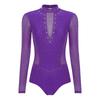 Womens Gymnastics Figure Skating Leotard Long Sleeve Sheer Mesh Sparkle Rhinestone Bodysuit