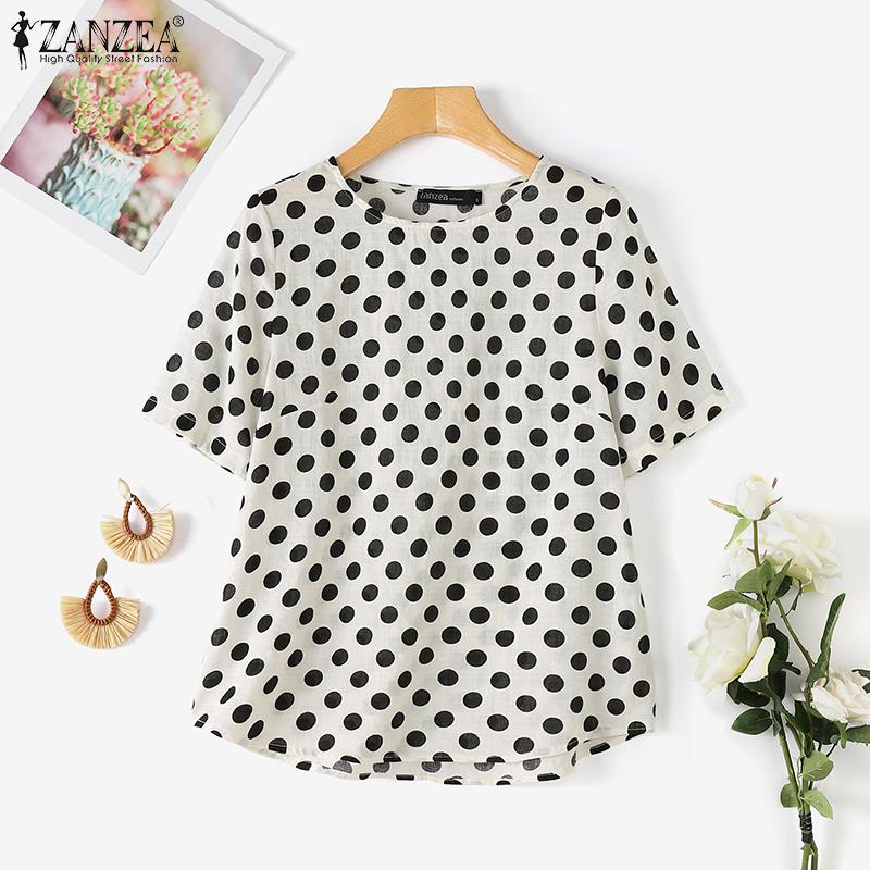 ZANZEA Женская повседневная блузка с круглым вырезом и коротким рукавом в горошек