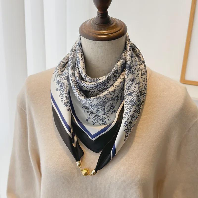 Magnetic Buckle Silk Neck Scarf: Triangle Design for Women, 70x70cm, Lightweight Spring/Summer/Autumn Accessory