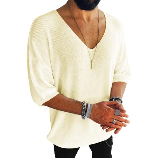 Летняя мужская футболка трикотажная с v-образным вырезом и половиной рукавов, однотонный свободный пуловер, эластичный повседневный спортивный топ средней длины, трикотаж