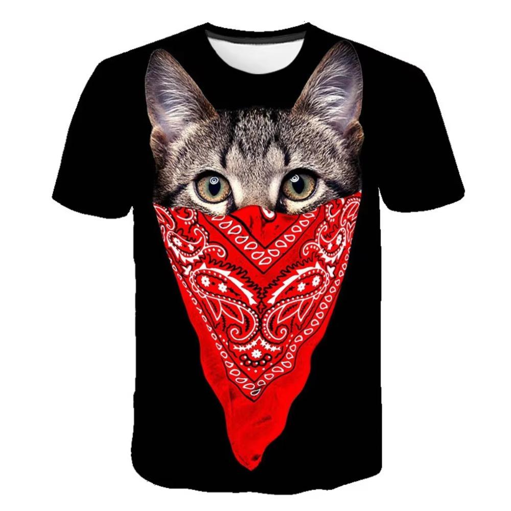 Fashion funny cat pattern T-shirt summer casual round neck short sleeve T-shirt