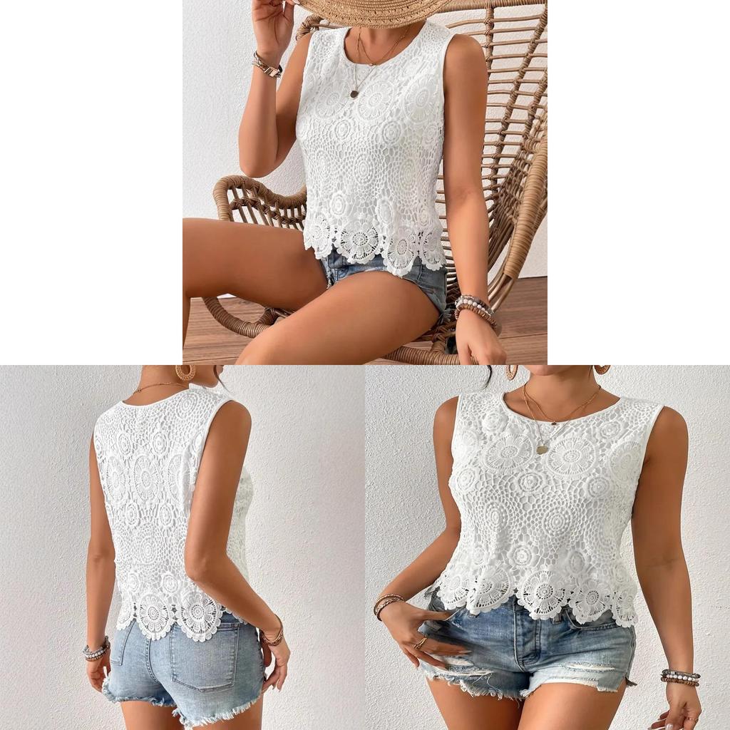 Summer White Cotton Polyester Sleeveless Lace Hollow Tshirt For Casual Wear