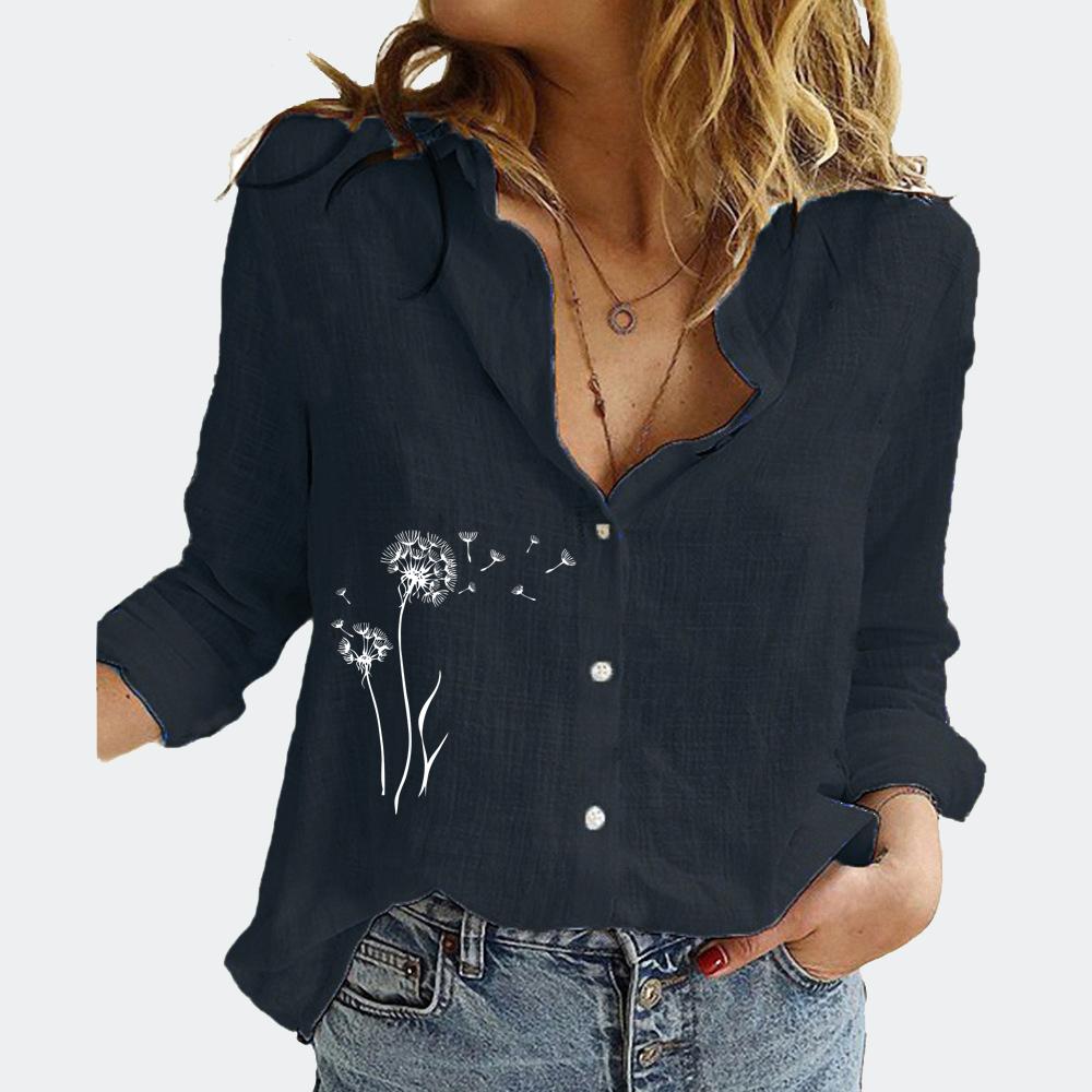 Women Floral Print Long Sleeve T-shirt Fashion Lapel Neck Cotton Linen Top Summer&fall Female Loose Buttoned Blouses