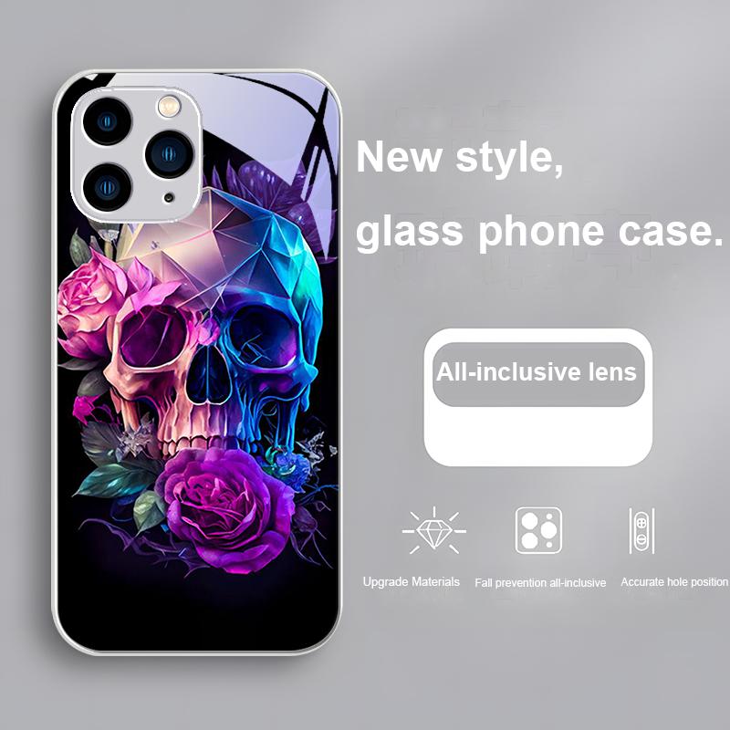 Мультяшная Роза и Череп Фиолетовый Для iPhone 15 14 13 12 Mini 11 Pro Max X XS XR 7 8 Plus 2020 22 SE Закаленное Стекло Чехол для Телефона