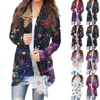 Женская мода повседневная рождественская печать средней длины кардиган куртка пальто