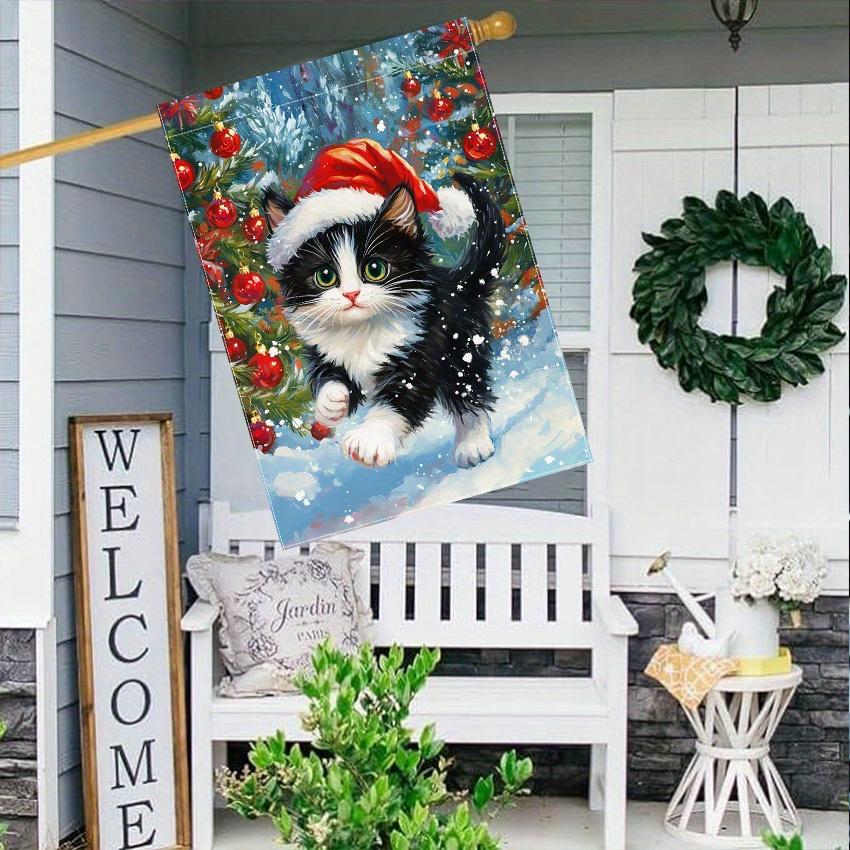 Charming Double-Sided Christmas Garden Flag - Black & White Cat with Snowflakes, Durable Polyester - Perfect for Outdoor and Yard Decor