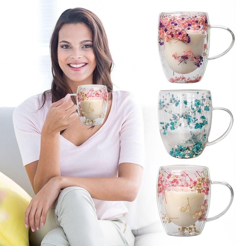 Heat Resistant Dried Flowers Glass Mugs 350ml Flower Cup Simple Coffee Mug  Home&Office