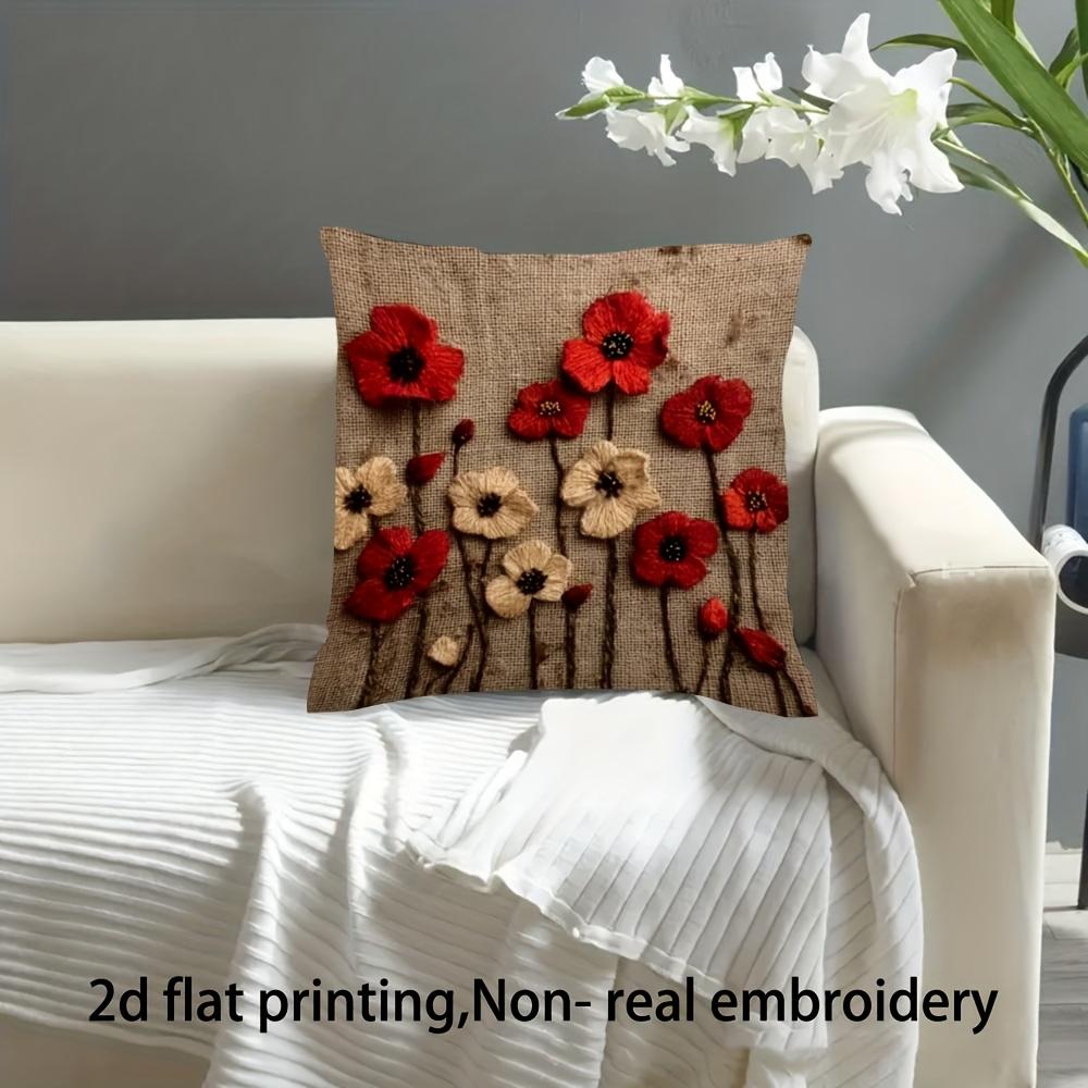 Double Sided Vintage 2D Red Poppy Flower Pillow Cover Rustic Oil Painting Floral Print Soft Throw Pillow Case For Home Decor