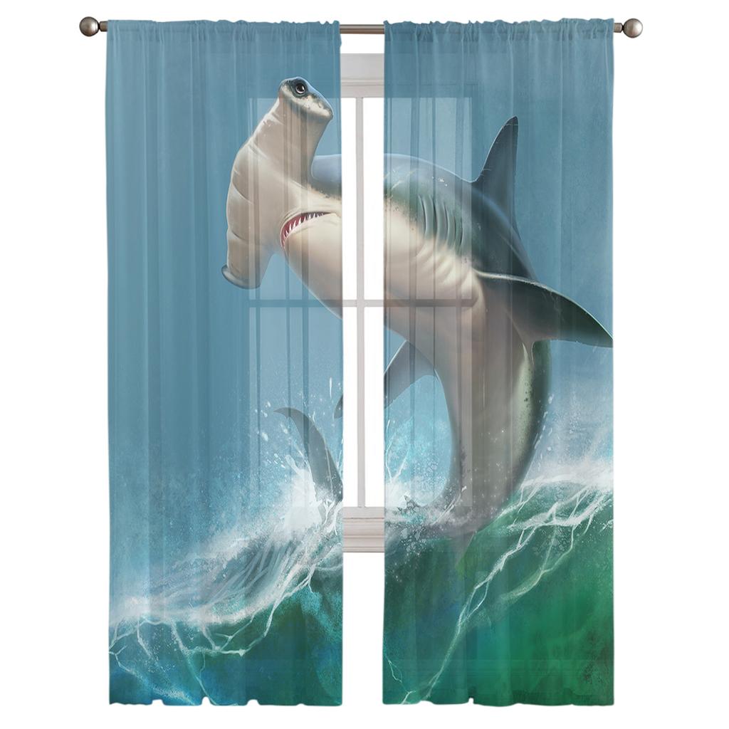 Ocean Wave Spray Shark Modern Tulle Curtains For Living Room Bedroom Home Kitchen Window Sheer Curtains