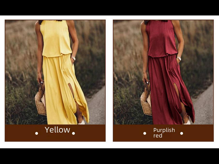 2025 европейское и американское женское длинное повседневное платье без рукавов с круглым вырезом и разрезом на весну и лето