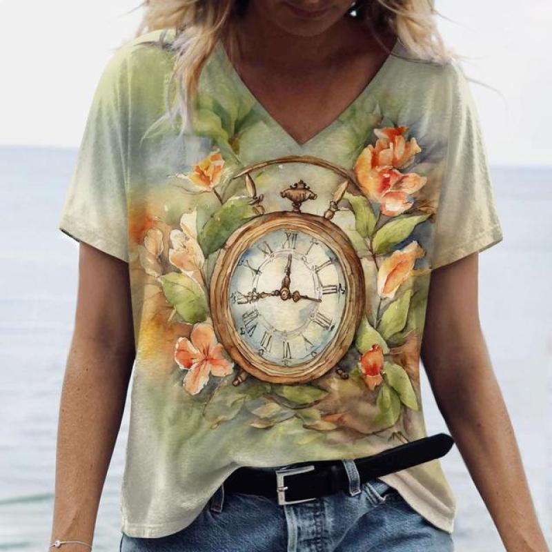 Женская футболка, модный принт с часами, летняя одежда большого размера с короткими рукавами, уличная повседневная пуловер с v-образным вырезом, женские футболки