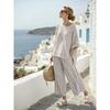 A new summer women's clothing, printed striped color matching medium-sleeved crew neck top, straight casual suit.