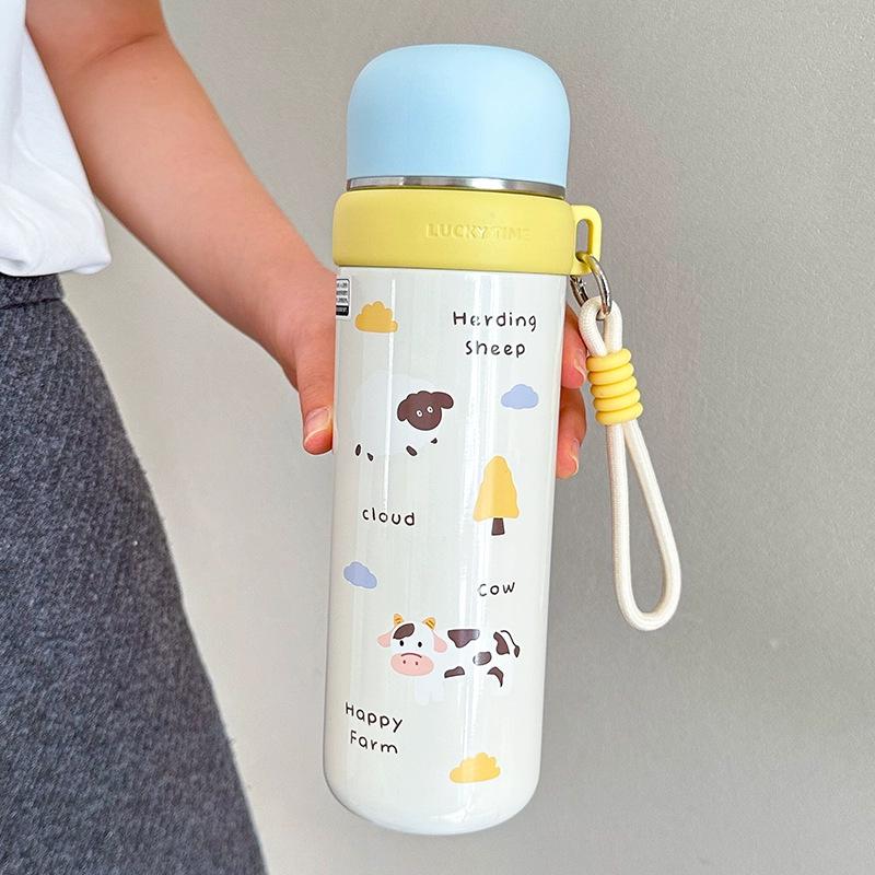 Dual-Use Cartoon Thermos Cup with Cute Rope - Stainless Steel Portable Water Bottle for Girls