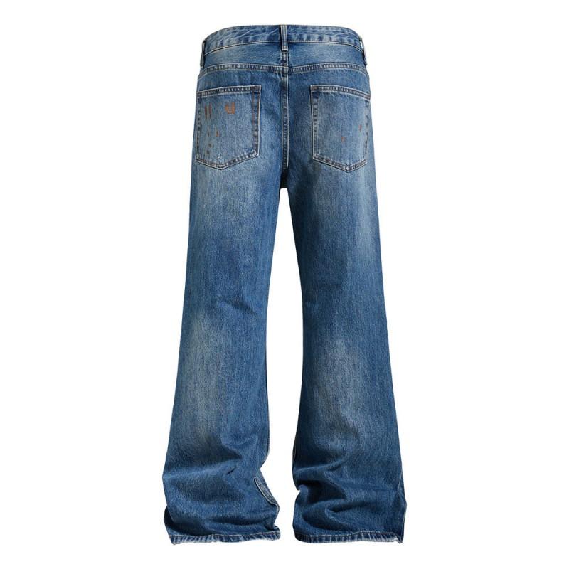 Mens Distressed Flared Denim Pants Hippie Street Style Graffiti Relaxed Fit Casual Trousers
