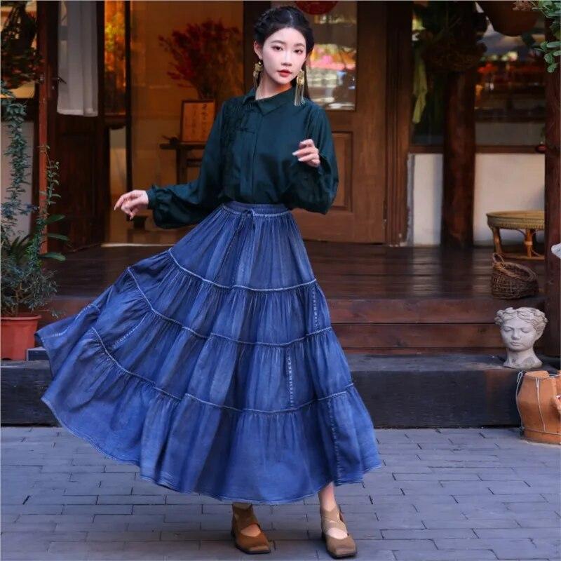 Johnature Woman Spring Casual Splicing A-Line Skirts Solid Color Cotton Vintage Retro Chinese Style Skirts