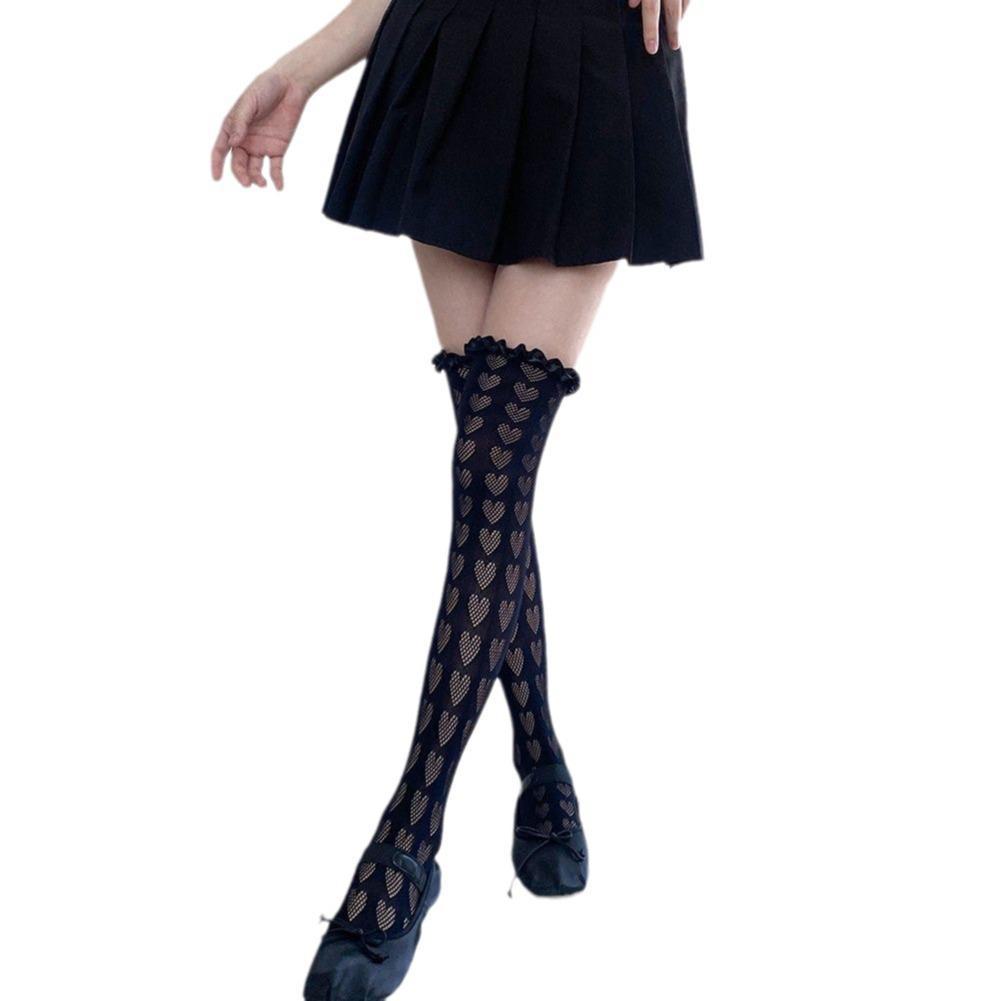 Mu Ruan Red Heart Over-the-Knee Japanese Cosplay Lolita Satin-Trim Stockings
