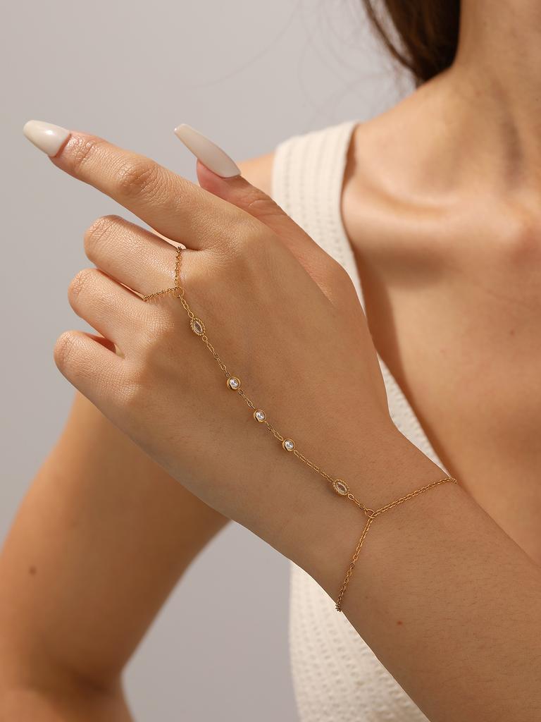 DIEYURO 316L Stainless Steel Charm Oval Inlay Zircon Back of Hand Chain Finger Bracelet Lady Classic Waterproof Jewelry Gift