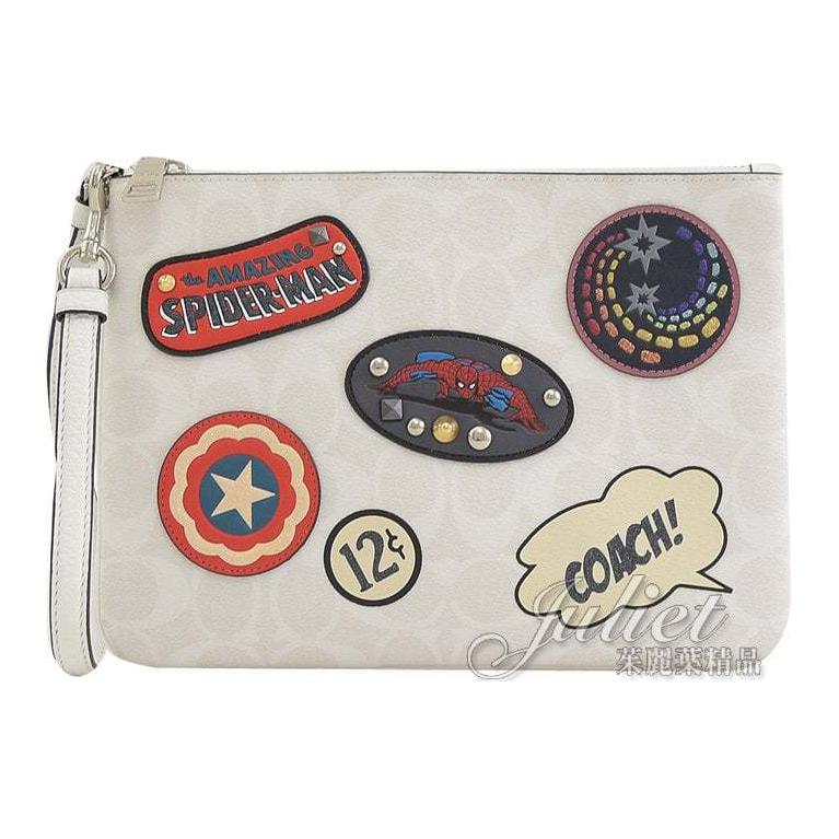 Coach X Marvel Галерея Сотрудничества 24 Узор с Значками Кожаный Холщовый Клатч Средний Женский клатч Белый 3576-SVCAH