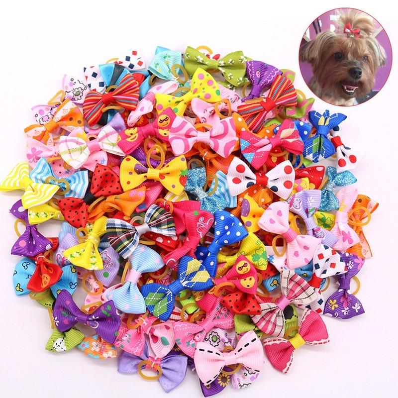 50Pcs Multi-colored Cute Pet Dog Bows Hair Accessories Grooming Puppy Hair Accessories with Rubber Bands Puppy Pet Headwear Beauty Accessories