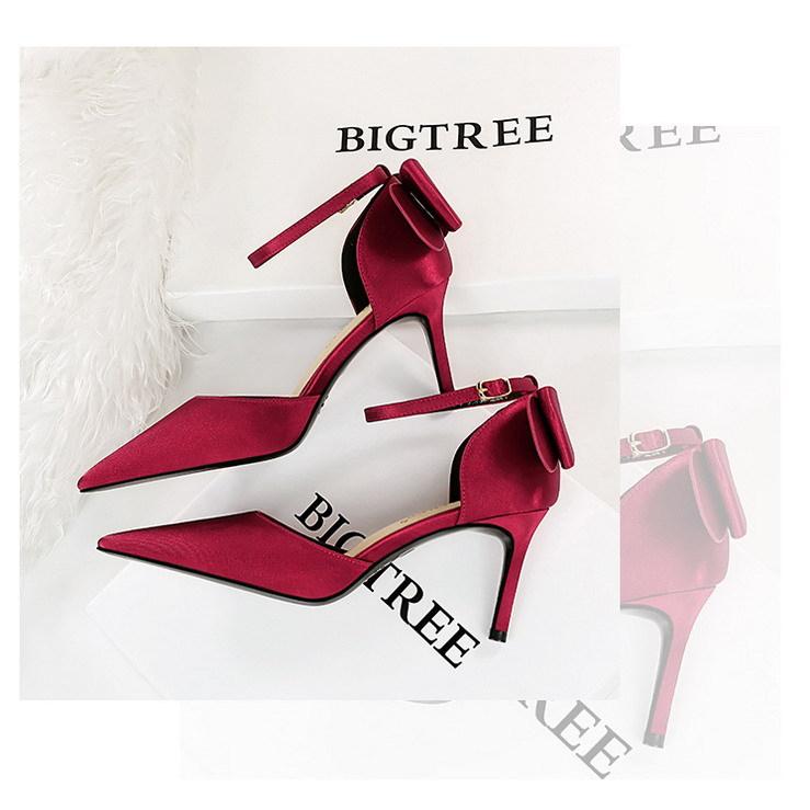 Bigtree Sexy High Heels 8cm Women's Silk Shallow Mouth Pointed Head Straight Line Sandals with Bowknot
