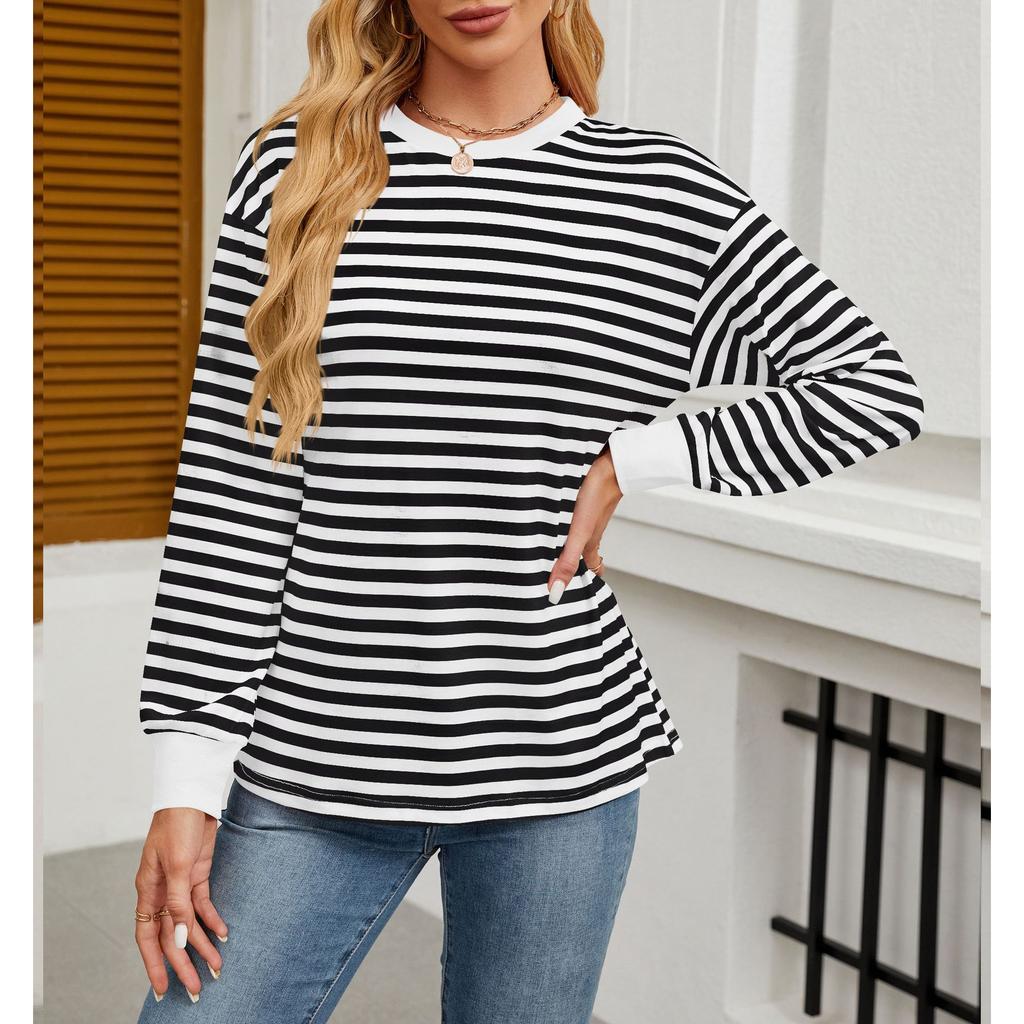 Женская нижняя рубашка осень-зима новая мода контрастного цвета свободный круглый вырез полосатый топ с длинными рукавами