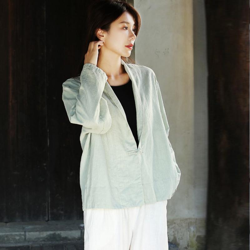 Johnature Autumn Woman Linen Vintage Disc Buckle Suit Coat Solid Color V-Neck Retro Loose Long Sleeves Coat