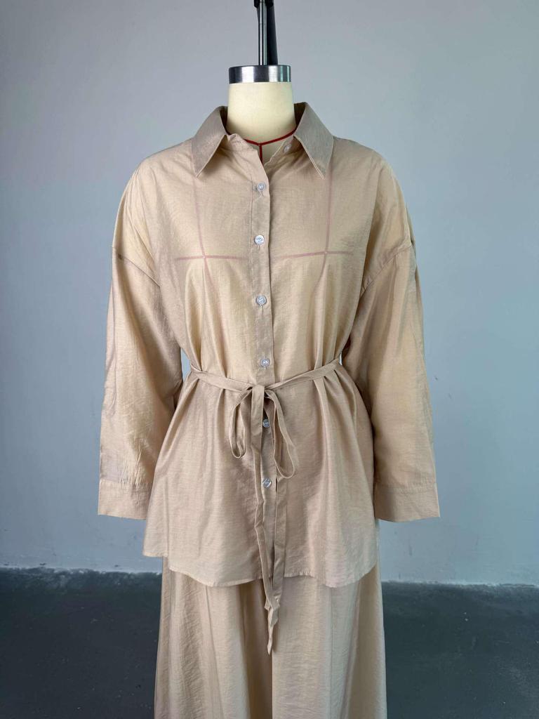 Мода Весна/Лето 2025 для Женщин Европы и Америки: Комплект: свободная рубашка с отложным воротником и длинным рукавом и юбка-миди с высокой талией