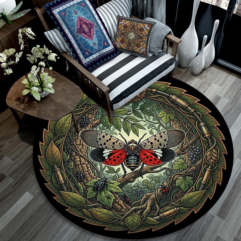 Insect Forest Emblem Round Area Rug Under Office Chairs Bedroom Living Room Home Decor