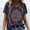 New Women T-shirt Ethnic Pattern Print Oversized Women's Trending Clothing Fashion Short Sleeve Shirt Women V-Neck Blouse 2024