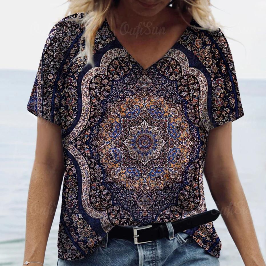 New Women T-shirt Ethnic Pattern Print Oversized Women's Trending Clothing Fashion Short Sleeve Shirt Women V-Neck Blouse 2024