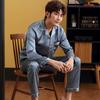 Men's Spring and Autumn Thin Lapel Ice Silk Thin Button Section Top + Wide-leg Trousers Home Two-piece Set