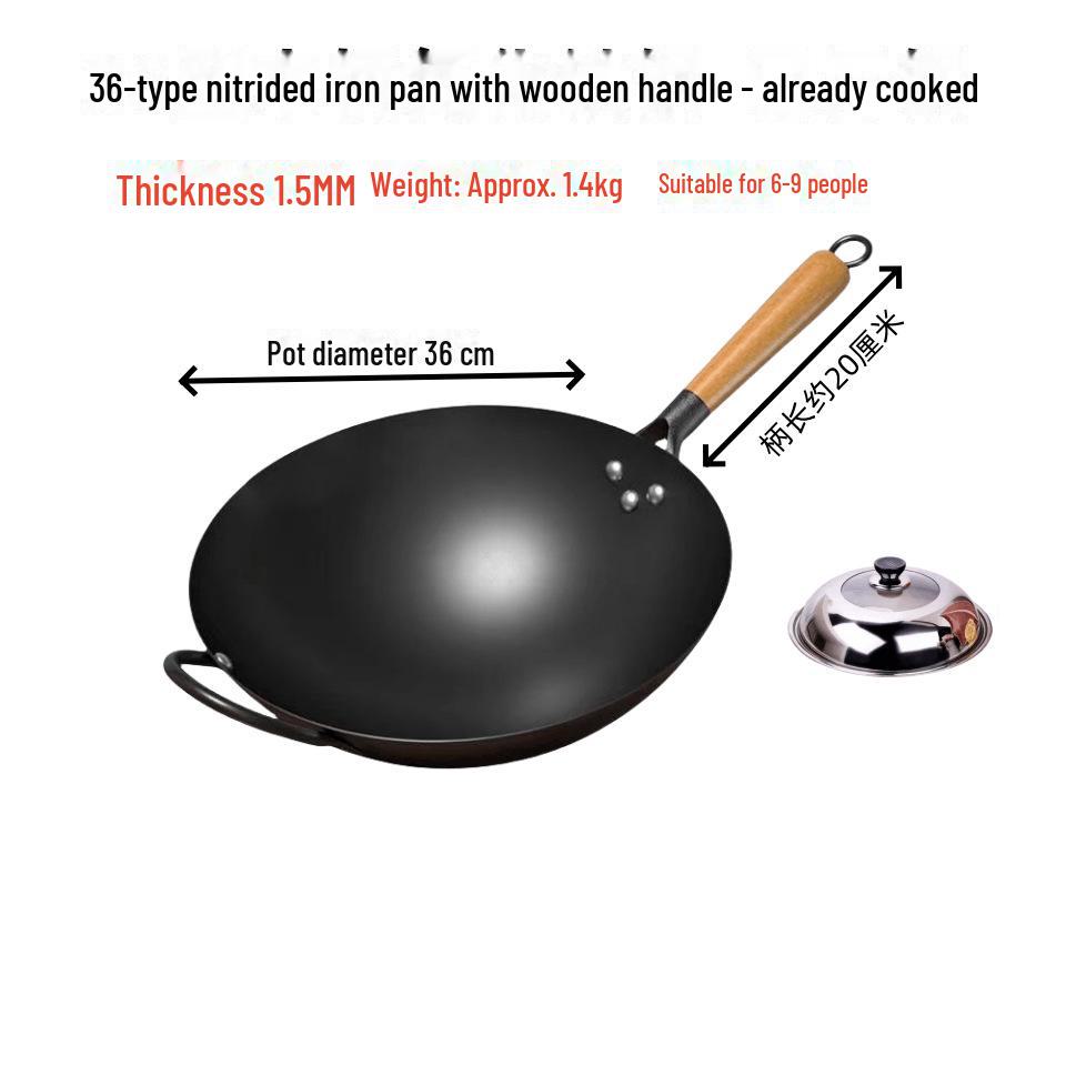 Nitrided Round Bottom Frying Pan: Old-Fashioned, Non-Stick, Rust-Resistant Iron Pot.